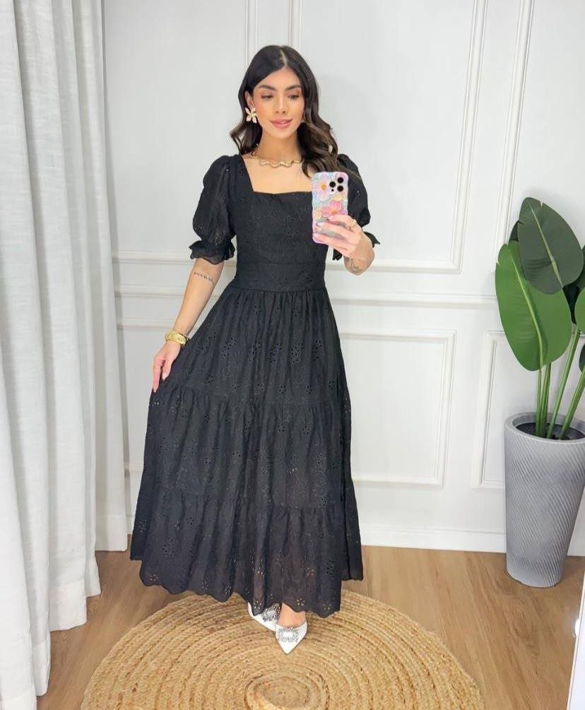 Vestido Laise 100% Algodão Midi Alongado Decote Quadrado Romântico Modelo Milena Veste 38-42 - Imagem 2