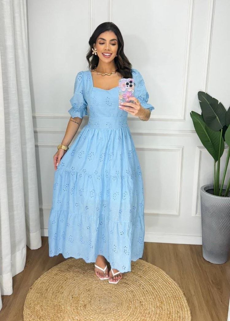Vestido Laise 100% Algodão Midi Alongado Decote Quadrado Romântico Modelo Milena Veste 38-42 - Imagem 8