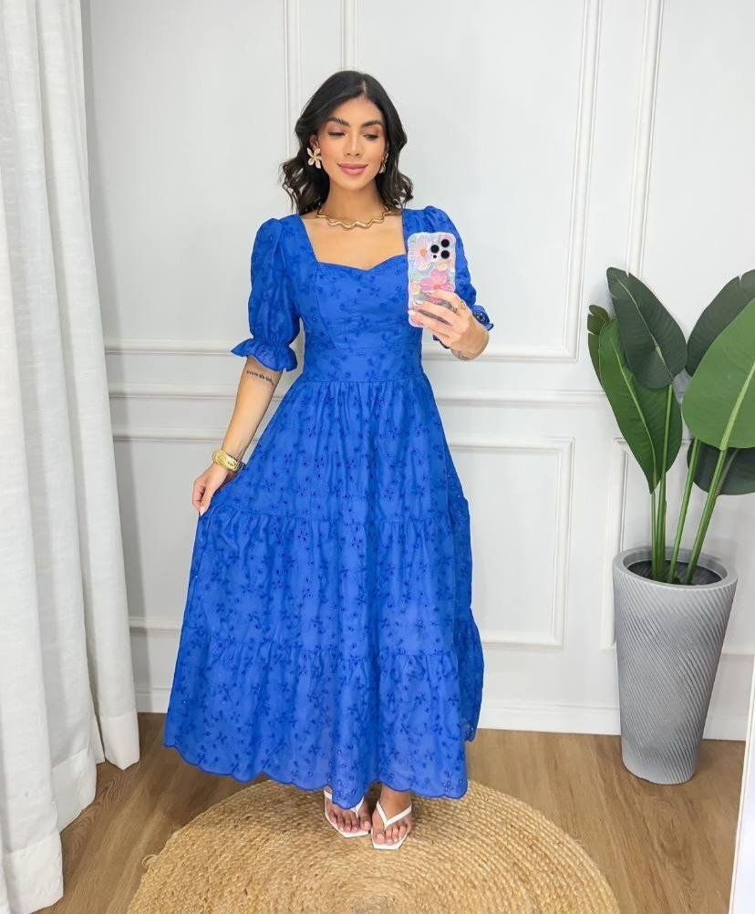 Vestido Laise 100% Algodão Midi Alongado Decote Quadrado Romântico Modelo Milena Veste 38-42 - Imagem 4