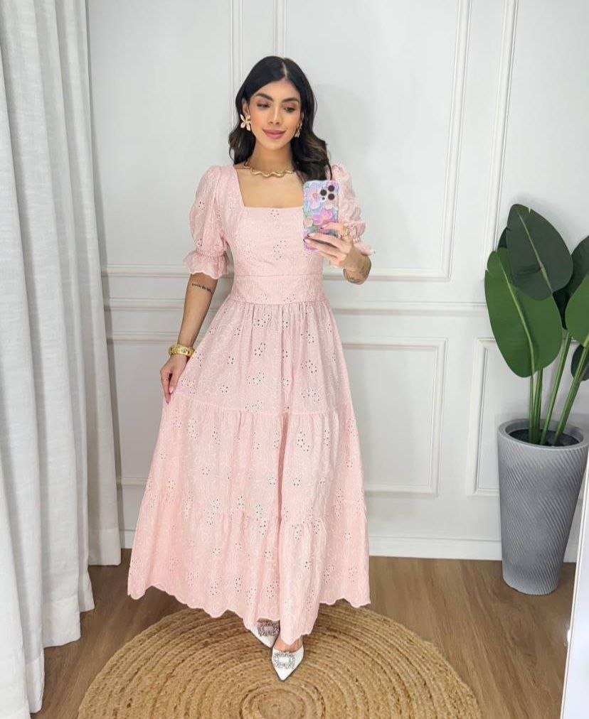 Vestido Laise 100% Algodão Midi Alongado Decote Quadrado Romântico Modelo Milena Veste 38-42 - Imagem 6