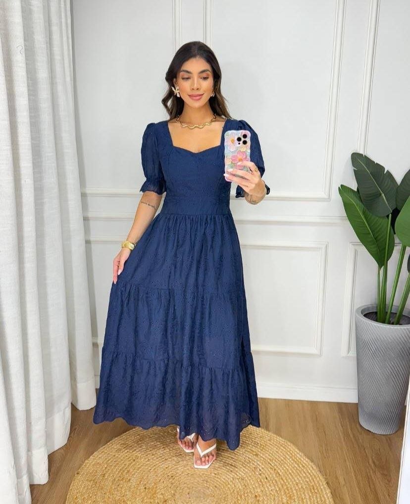 Vestido Laise 100% Algodão Midi Alongado Decote Quadrado Romântico Modelo Milena Veste 38-42 - Imagem 5