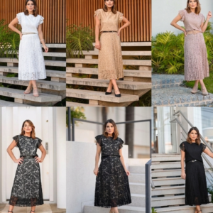 Conjunto Feminino Saia Midi Plissada e Blusa Renda Guipir Elegante