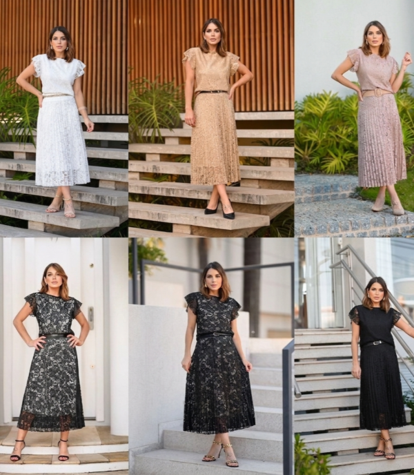 Conjunto Feminino Saia Midi Plissada e Blusa Renda Guipir Elegante