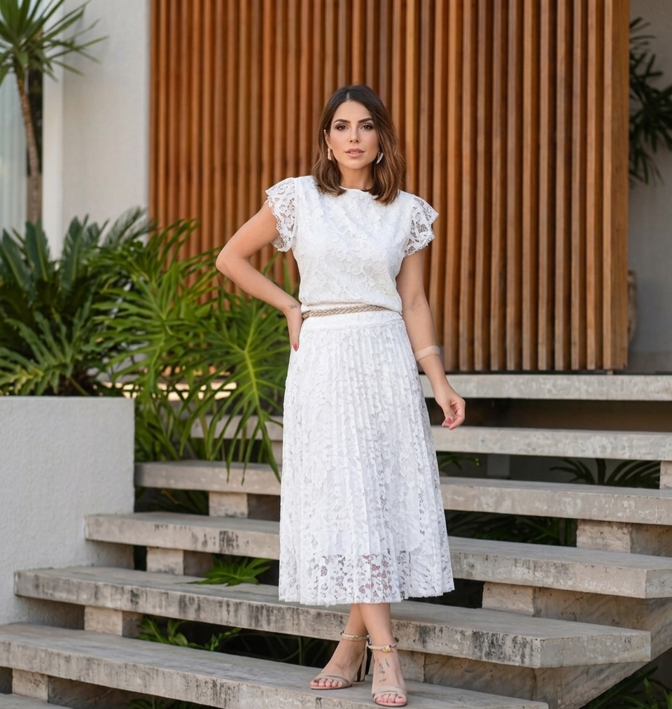 Conjunto Feminino Saia Midi Plissada e Blusa Renda Guipir Elegante - Imagem 2