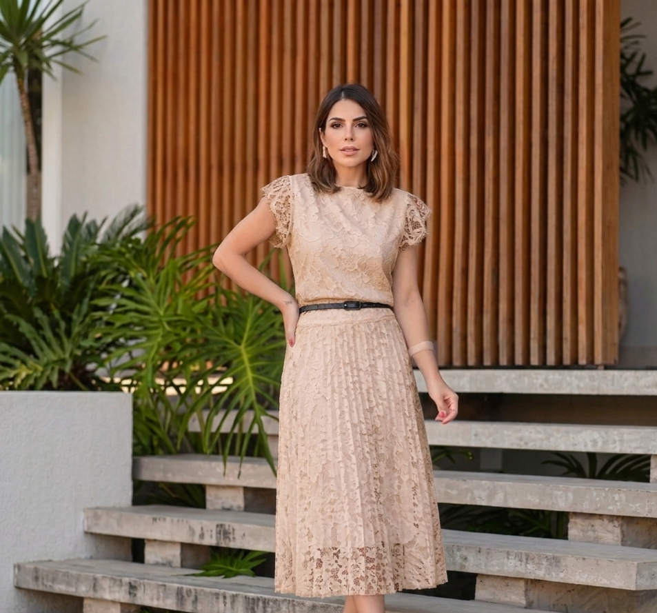 Conjunto Feminino Saia Midi Plissada e Blusa Renda Guipir Elegante - Imagem 6