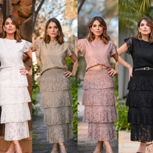 Conjunto Feminino Renda Guipir Blusa Manga Curta e Saia Midi em Camadas Elegante