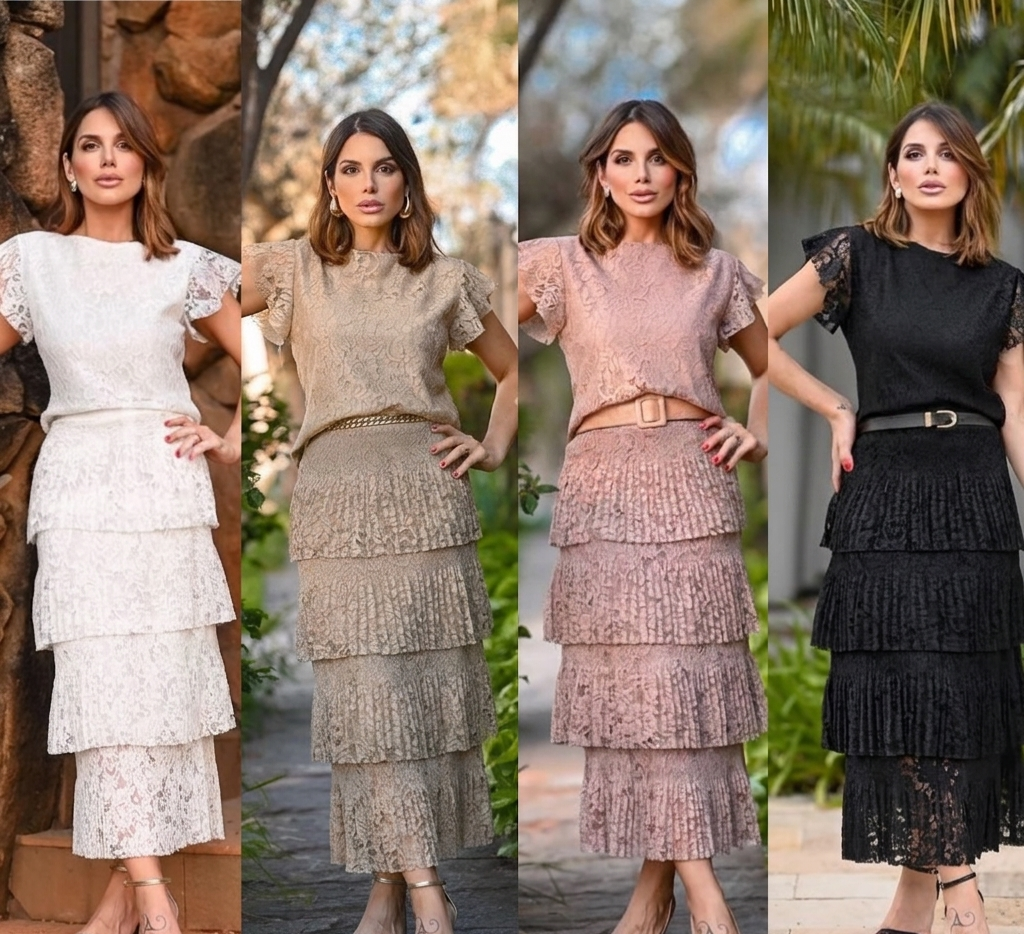 Conjunto Feminino Renda Guipir Blusa Manga Curta e Saia Midi em Camadas Elegante